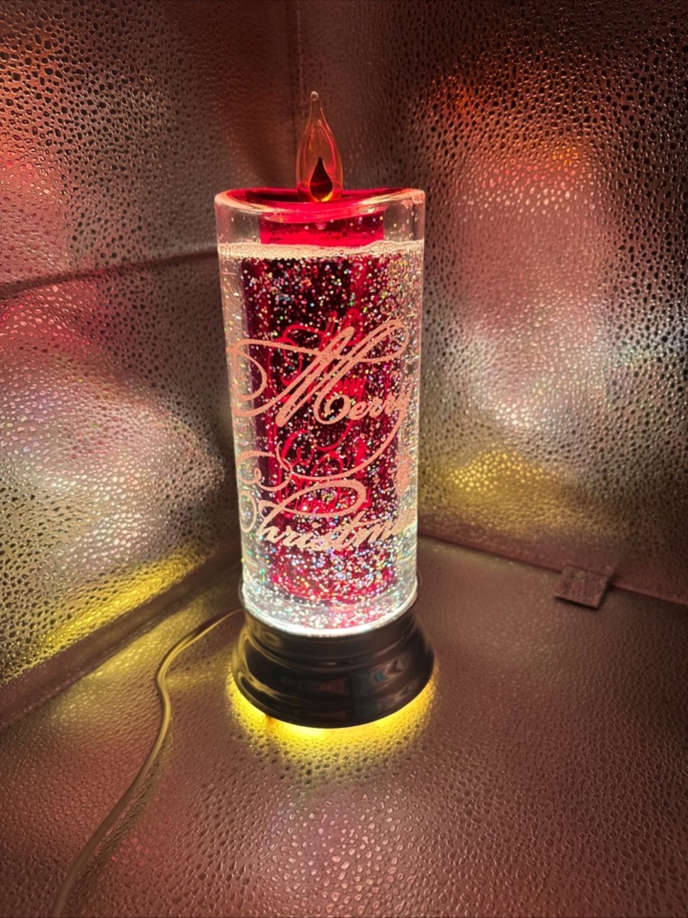 Cracker Barrel Red and Silver Glitter Merry Christmas LED Lantern
